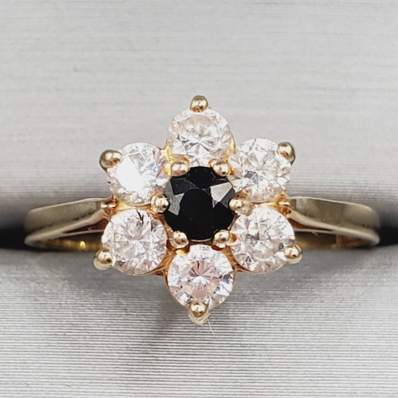 Jewelry - 9k Solid Yellow Gold Genuine Dark Blue Sapphire & Diamond Flower Ring